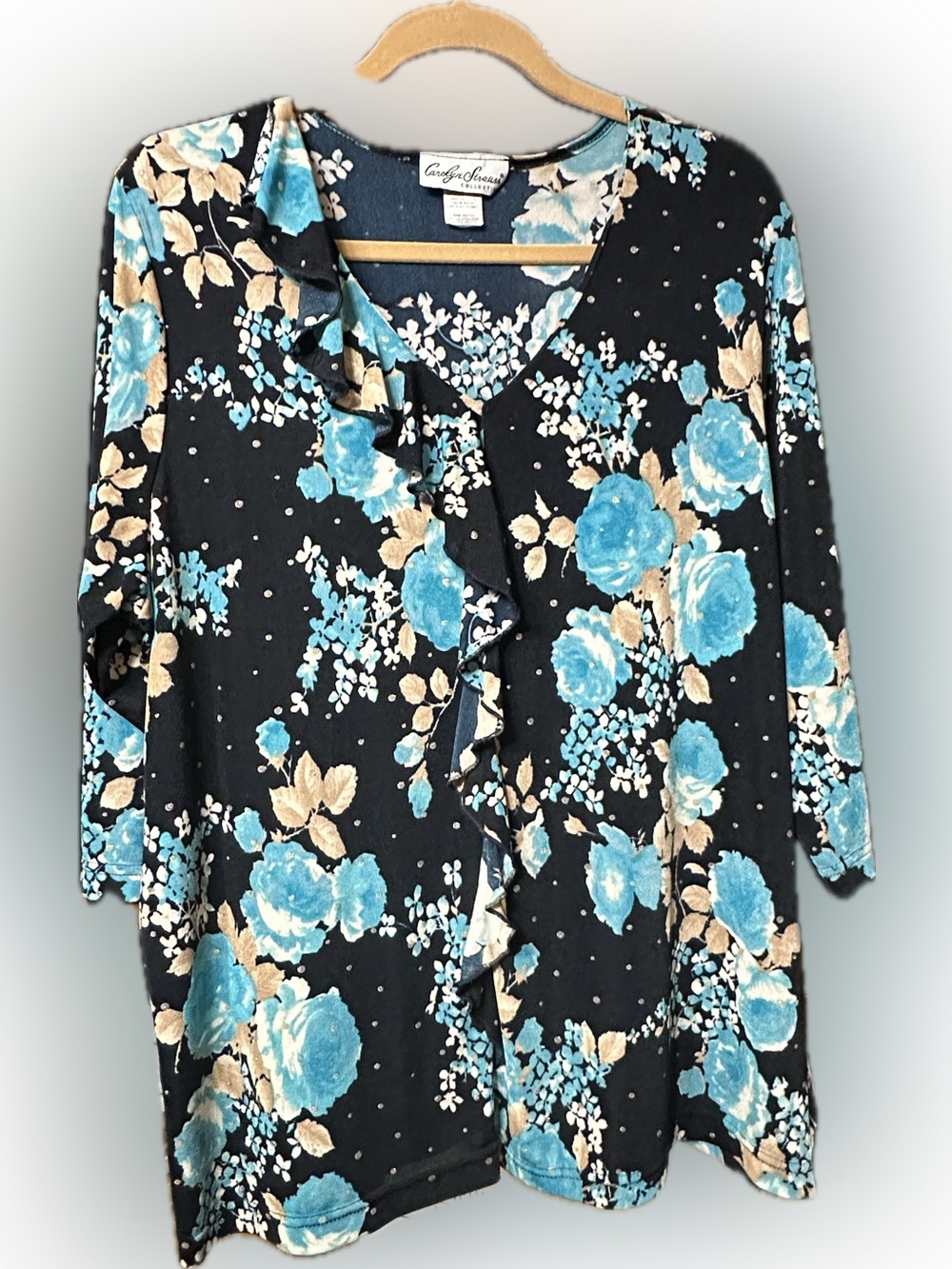Carolyn Strauss Collection Floral Ruffle Top Women’s XL Blue, 3/4 Sleeve Stretch